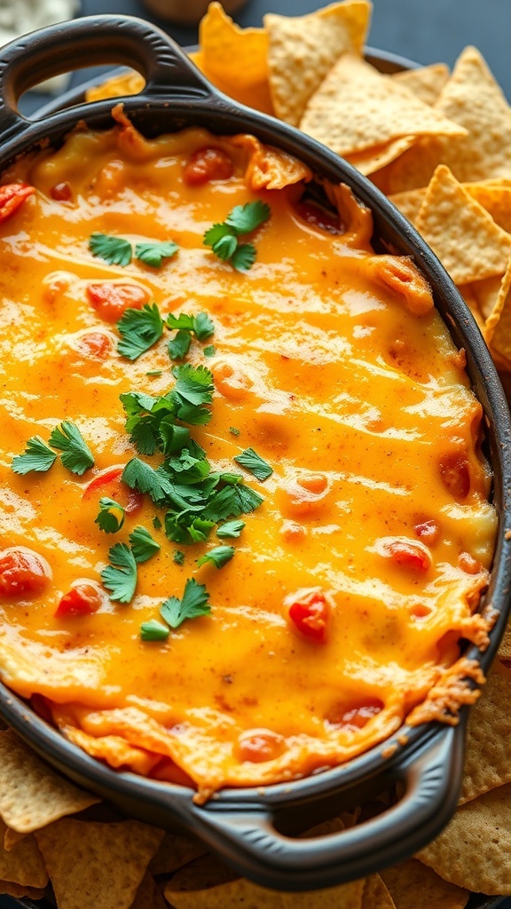 Cheesy Quesadilla Dip Recipe Cheesy quesadilla dip in a baking dish with tortilla chips on the side, garnished with cilantro.